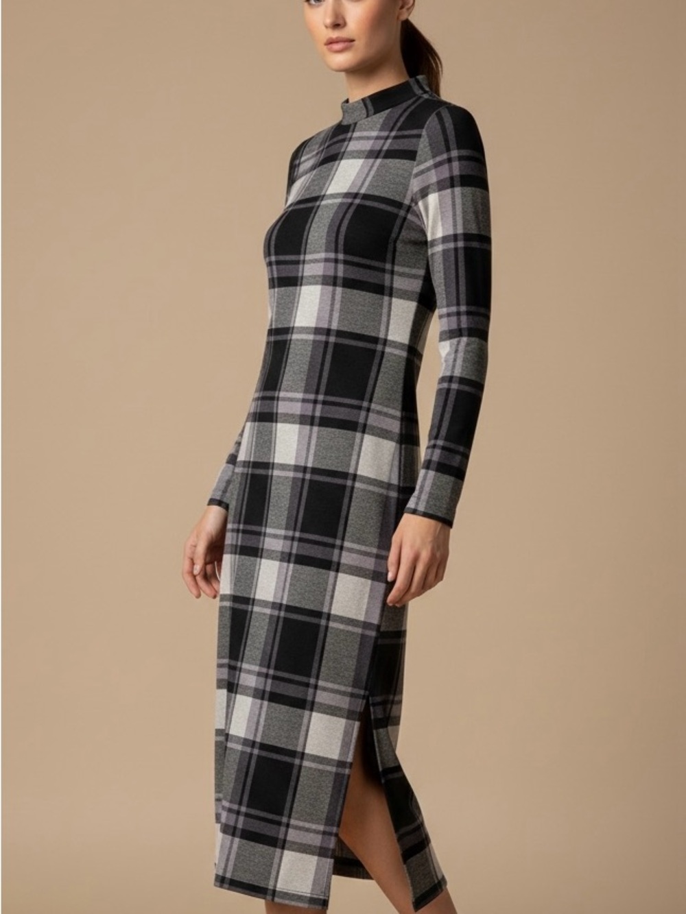 Forever 21 Plaid Mock Neck Long Sleeve Knit Midi Dress Size M